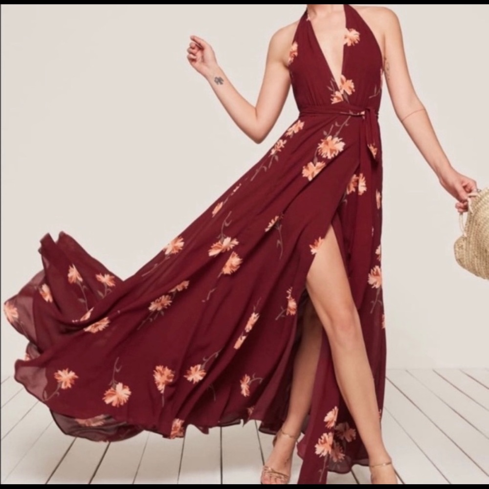 Reformation waltz dress auburn red floral wrap deep v-neck M long